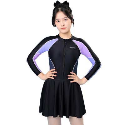 成人女士裙摆修身保守泳衣大童女孩防晒时尚游泳衣一件代发批发图4