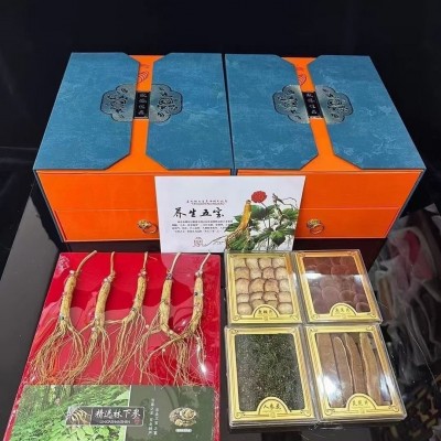 人参礼盒长白山野山参林下参鹿鞭鹿茸人参花灵芝片双层五宝礼盒图4