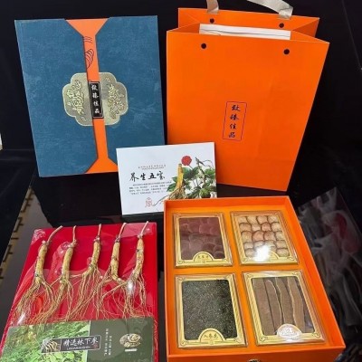 人参礼盒长白山野山参林下参鹿鞭鹿茸人参花灵芝片双层五宝礼盒图2